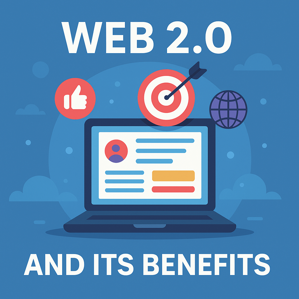 Flat design graphic showing Web 2.0 icons including a computer, social media, and SEO elements to represent the benefits of Web 2.0 in digital marketing.